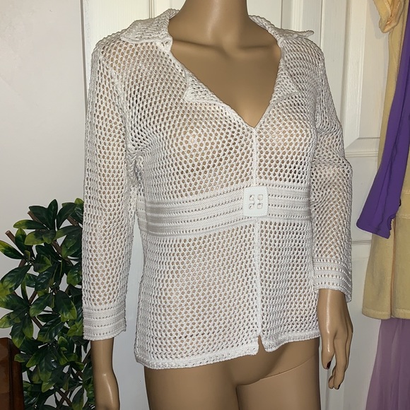WHITE Knit crochet 60s mod style sweater pullover tunic top M - Picture 4 of 11